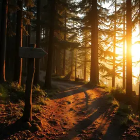 A winding dirt path disappearing into a dense forest, sunlight filtering through the canopy, a weathered wooden signpost pointing towards a distant lake, Firewatch color palette, peaceful and inviting, sense of mystery