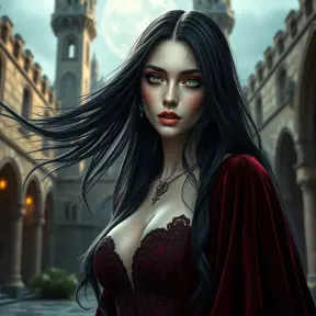 A stunningly beautiful vampire queen with piercing emerald eyes, porcelain skin, and long flowing black hair, adorned in a gothic burgundy velvet gown, standing in a castle courtyard bathed in moonlight, intricate details, hyperrealistic, sharp focus