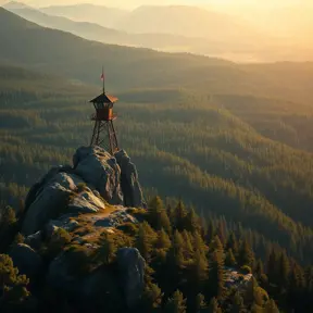 A lone fire lookout tower perched atop a rugged mountain peak, surrounded by a sea of vibrant green pine forest, the warm afternoon sun casting long shadows across the landscape, Firewatch art style, serene and melancholic