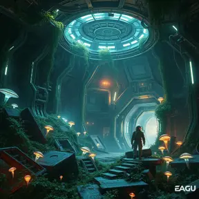 A derelict space station, overgrown with luminous vines and bioluminescent fungi, remnants of advanced technology peeking through the organic growth, a lone astronaut in a spacesuit exploring the ruins, haunting and beautiful, volumetric lighting, photorealistic, trending on Artstation