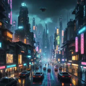 A sprawling dystopian cityscape at night, towering neon skyscrapers pierce a polluted sky, flying vehicles navigate a labyrinth of illuminated advertising, rain-slicked streets reflecting a kaleidoscope of light, Blade Runner style, cyberpunk, dark and gritty