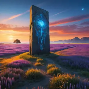 An abandoned alien monolith standing amidst a field of glowing blue grass, strange symbols etched into its surface, a ringed planet dominating the sky, purple and orange hues blend in the atmosphere, No Man's Sky style, mysterious and evocative