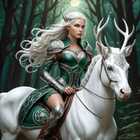 A fierce huntress of the Wild Hunt, adorned in leather armor with intricate Celtic knotwork, emerald eyes glowing with an ethereal light, riding a majestic white stag through a moonlit forest, ethereal, powerful, beautiful, art nouveau style