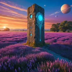 An abandoned alien monolith standing amidst a field of glowing blue grass, strange symbols etched into its surface, a ringed planet dominating the sky, purple and orange hues blend in the atmosphere, No Man's Sky style, mysterious and evocative