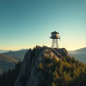 A lone fire lookout tower perched atop a rugged mountain peak, surrounded by a sea of vibrant green pine forest, the warm afternoon sun casting long shadows across the landscape, Firewatch art style, serene and melancholic