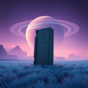 An abandoned alien monolith standing amidst a field of glowing blue grass, strange symbols etched into its surface, a ringed planet dominating the sky, purple and orange hues blend in the atmosphere, No Man's Sky style, mysterious and evocative