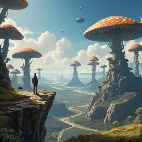 A lone explorer standing on the edge of a cliff, gazing at a vast alien valley below, herds of strange, procedurally generated creatures graze amidst towering mushroom forests, a spaceship rests on a plateau in the distance, No Man's Sky aesthetic, sense of scale and exploration