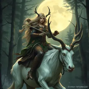 A fierce huntress of the Wild Hunt, adorned in leather armor with intricate Celtic knotwork, emerald eyes glowing with an ethereal light, riding a majestic white stag through a moonlit forest, ethereal, powerful, beautiful, art nouveau style