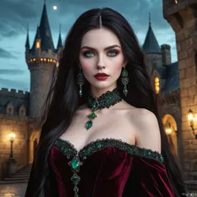 A stunningly beautiful vampire queen with piercing emerald eyes, porcelain skin, and long flowing black hair, adorned in a gothic burgundy velvet gown, standing in a castle courtyard bathed in moonlight, intricate details, hyperrealistic, sharp focus