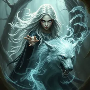 A hauntingly beautiful Wild Hunt sorceress, with long flowing silver hair and piercing blue eyes, summoning a spectral wolf amidst a swirling vortex of magic, deep within an ancient forest, mystical, powerful, ethereal beauty, fantasy art style