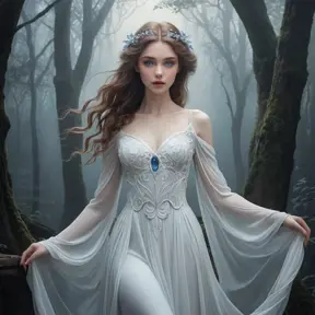 An ethereal vampire maiden with a delicate yet captivating beauty, pale blue eyes that shimmer like sapphires, wearing a flowing white dress that evokes the moonlight, surrounded by mist in a dark forest, art nouveau style, soft lighting, dreamlike atmosphere