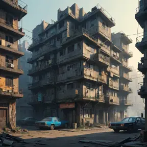 A dilapidated apartment complex in a futuristic slum, crumbling concrete structures stacked precariously, flickering neon signs cast long shadows, flying police spinners patrol a hazy sky, gritty realism, dystopian decay, Blade Runner inspired