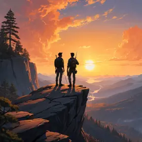 Two figures silhouetted against a fiery sunset, standing on a rocky cliff overlooking a vast valley, their walkie-talkies crackling with static, the scent of pine and smoke filling the air, Firewatch inspired, emotional, story-driven