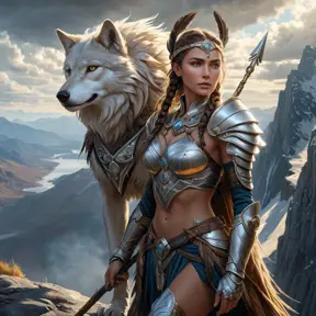 A powerful Wild Hunt warrior queen, wielding a glowing spear, her face framed by braids adorned with feathers and bones, standing atop a windswept mountain, her loyal wolf companion by her side, epic fantasy, dramatic lighting, detailed armor