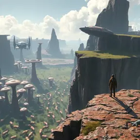 A lone explorer standing on the edge of a cliff, gazing at a vast alien valley below, herds of strange, procedurally generated creatures graze amidst towering mushroom forests, a spaceship rests on a plateau in the distance, No Man's Sky aesthetic, sense of scale and exploration