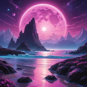 A surreal alien landscape bathed in the magenta glow of a binary sun, towering crystalline formations jutting out of a vibrant purple ocean, exotic bioluminescent flora dotting the landscape, No Man's Sky inspired, vibrant colors, sense of wonder