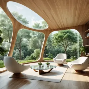 A beautiful interior design of an organic tree house with large windows overlooking the green landscape, in harmony with nature, designed in the style of Zaha Hadid and cofftraffic, using light wood and white colors, curved lines, futuristic furniture, organic shapes, architectural photography, highly detailed, hyper realistic, high resolution green trees