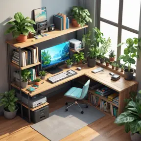 isometric render, messy nostalgic bedroom with a gaming pc, windows, plants bookshelves, desk