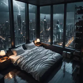 Moody aesthetic, beautiful cozy, cramped bedroom with floor to ceiling glass windows overlooking a cyberpunk city at night, view from top of skyscraper, white bedsheets, bookshelves, thunderstorm outside with torrential rain