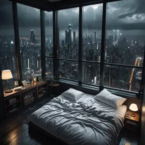 Moody aesthetic, beautiful cozy, cramped bedroom with floor to ceiling glass windows overlooking a cyberpunk city at night, view from top of skyscraper, white bedsheets, bookshelves, thunderstorm outside with torrential rain