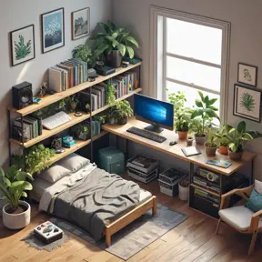 isometric render, messy nostalgic bedroom with a gaming pc, windows, plants bookshelves, desk