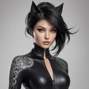 Ahri, sporting bold, demonic-style tattoos that trace the contours of her face and neck, wearing a sleek, leather bodysuit