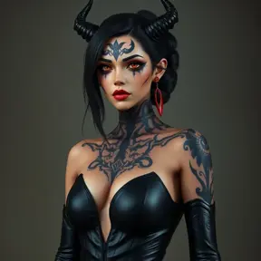 Ahri, sporting bold, demonic-style tattoos that trace the contours of her face and neck, wearing a sleek, leather bodysuit