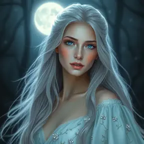 A breathtaking portrait of Lúthien Tinúviel, the Elf-maiden, bathed in the ethereal glow of moonlight. Her flowing silver hair cascades down her back, and her eyes sparkle with an otherworldly beauty. She is adorned in a flowing white gown, embroidered with delicate silver flowers, and her face is serene and ethereal.