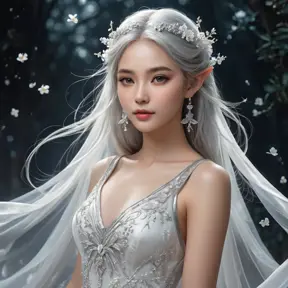 A breathtaking portrait of Lúthien Tinúviel, the Elf-maiden, bathed in the ethereal glow of moonlight. Her flowing silver hair cascades down her back, and her eyes sparkle with an otherworldly beauty. She is adorned in a flowing white gown, embroidered with delicate silver flowers, and her face is serene and ethereal.