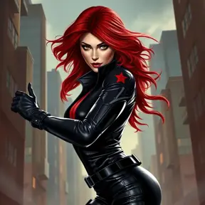 Natasha Romanoff, Black Widow, in a dramatic pose, her red hair flowing, eyes sharp and focused. She wears a sleek, black leather suit with a red accent, highlighting her strength and agility. The background is a gritty urban landscape, reflecting her past and present.