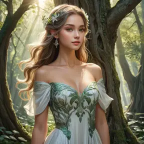 Lúthien Tinúviel, the Elf-maiden, standing amongst a grove of ancient trees. Sunlight filters through the leaves, casting dappled shadows on the forest floor. Her beauty is otherworldly, and her eyes hold a wisdom that belies her youth. She is dressed in a flowing gown, adorned with delicate flowers, and her hair flows freely in the gentle breeze.