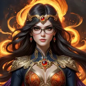 A hyperrealistic portrait of Bayonetta, her eyes glowing with power, standing triumphantly amidst a fiery inferno, her hair flowing like molten lava, intricate details of her outfit, cinematic lighting, in the style of Alphonse Mucha