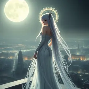 Bayonetta, ethereal and graceful, bathed in moonlight, her hair cascading down her back, a shimmering halo around her head, standing on a moonlit rooftop overlooking a sprawling cityscape, soft, dreamlike lighting, highly detailed, intricate