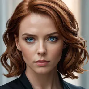 A close-up portrait of Natasha Romanoff, Black Widow, with a soft, melancholic expression. Her red hair is pulled back, revealing her strong features and piercing blue eyes. She wears a simple black dress, highlighting her vulnerability and inner strength. The lighting is soft and intimate, creating a sense of mystery and intrigue.