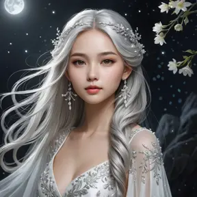 A breathtaking portrait of Lúthien Tinúviel, the Elf-maiden, bathed in the ethereal glow of moonlight. Her flowing silver hair cascades down her back, and her eyes sparkle with an otherworldly beauty. She is adorned in a flowing white gown, embroidered with delicate silver flowers, and her face is serene and ethereal.