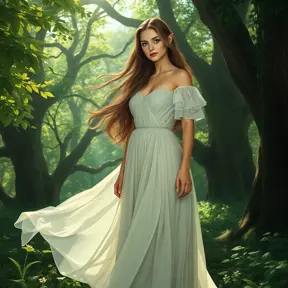 Lúthien Tinúviel, the Elf-maiden, standing amongst a grove of ancient trees. Sunlight filters through the leaves, casting dappled shadows on the forest floor. Her beauty is otherworldly, and her eyes hold a wisdom that belies her youth. She is dressed in a flowing gown, adorned with delicate flowers, and her hair flows freely in the gentle breeze.