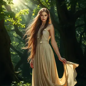 Lúthien Tinúviel, the Elf-maiden, standing amongst a grove of ancient trees. Sunlight filters through the leaves, casting dappled shadows on the forest floor. Her beauty is otherworldly, and her eyes hold a wisdom that belies her youth. She is dressed in a flowing gown, adorned with delicate flowers, and her hair flows freely in the gentle breeze.