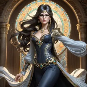 Bayonetta, elegant and powerful pose, flowing hair, intricate outfit, dramatic lighting, magical effects,  detailed background, art nouveau style, Alphonse Mucha,  trending on artstation, 8k resolution, hyperrealistic,  photorealistic, masterpiece