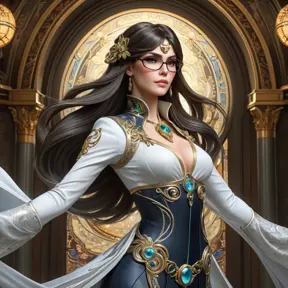 Bayonetta, elegant and powerful pose, flowing hair, intricate outfit, dramatic lighting, magical effects,  detailed background, art nouveau style, Alphonse Mucha,  trending on artstation, 8k resolution, hyperrealistic,  photorealistic, masterpiece