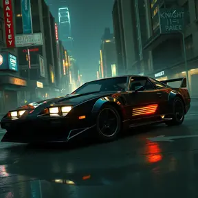 Futuristic KITT from Knight Rider in a cyberpunk city at night, an advanced, artificially intelligent, self-aware, and nearly indestructible car