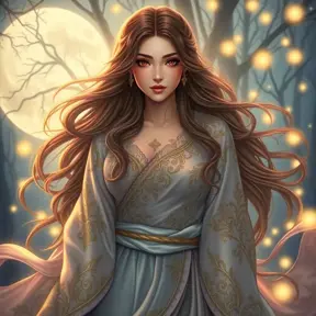 Ahri, League of Legends, ethereal beauty, flowing silk kimono, intricate gold embroidery, moonlit forest, glowing orbs of magic swirling around her, soft pastel colors, art nouveau style, delicate linework, serene expression, magical realism