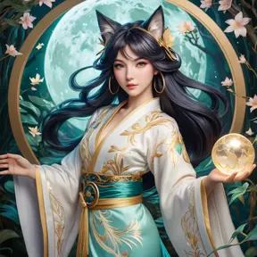 Ahri, League of Legends, ethereal beauty, flowing silk kimono, intricate gold embroidery, moonlit forest, glowing orbs of magic swirling around her, soft pastel colors, art nouveau style, delicate linework, serene expression, magical realism