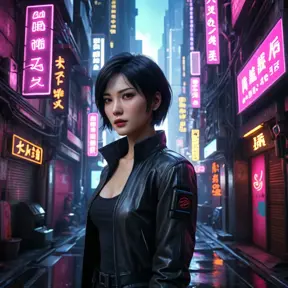 In a cyberpunk-inspired cityscape, Ada Wong navigates a maze of neon-lit alleyways and towering skyscrapers, her every move calculated and precise as she pursues her latest objective.