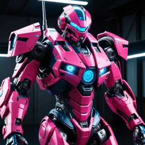 A fierce, powerful mech suit stands tall, its sleek, angular frame painted in a vibrant shade of pink and blue. The cockpit in the center glows with an internal light, hinting at the skilled pilot within. Intricate details adorn the mech, from the sharp edges of the armor plating to the nimble, articulated limbs.