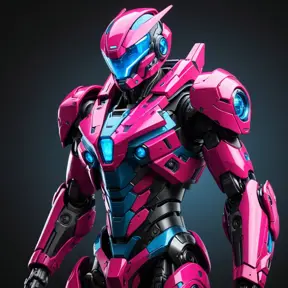 A fierce, powerful mech suit stands tall, its sleek, angular frame painted in a vibrant shade of pink and blue. The cockpit in the center glows with an internal light, hinting at the skilled pilot within. Intricate details adorn the mech, from the sharp edges of the armor plating to the nimble, articulated limbs.