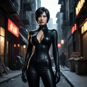 A mysterious and alluring woman named Ada Wong, dressed in a form-fitting black catsuit, stands in the shadows of a dimly lit urban environment. Her piercing gaze and confident posture suggest a skilled and dangerous operative.