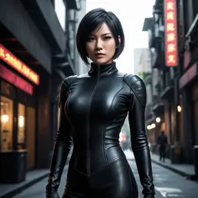 A mysterious and alluring woman named Ada Wong, dressed in a form-fitting black catsuit, stands in the shadows of a dimly lit urban environment. Her piercing gaze and confident posture suggest a skilled and dangerous operative.