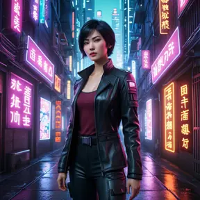 In a cyberpunk-inspired cityscape, Ada Wong navigates a maze of neon-lit alleyways and towering skyscrapers, her every move calculated and precise as she pursues her latest objective.