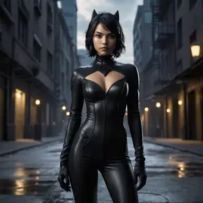 A mysterious and alluring woman named Cassandra Cain, dressed in a form-fitting black catsuit, stands in the shadows of a dimly lit urban environment. Her piercing gaze and confident posture suggest a skilled and dangerous operative.