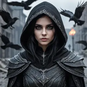 Intricate portrait of a horrifying pale assassin dusk elf, black hair, black eyes, fully covering black hooded armor in an apocalytpic world with Ravens